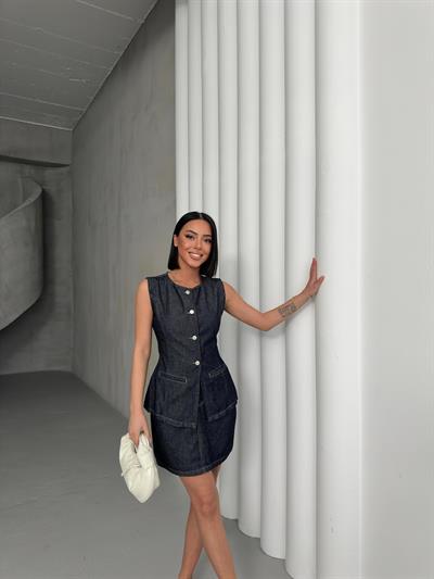 Kadın Yüksek Bel Kot Etek & Düğmeli Denim Yelek Takım