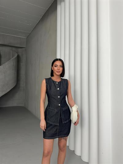 Kadın Yüksek Bel Kot Etek & Düğmeli Denim Yelek Takım