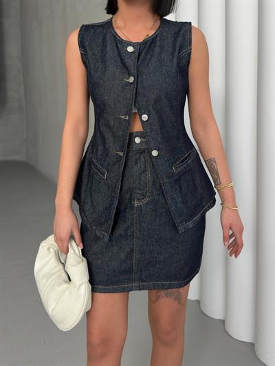 Kadın Yüksek Bel Kot Etek & Düğmeli Denim Yelek Takım