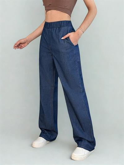 Kadın Yüksek Bel Lastikli Baggy Pantolon Lacivert