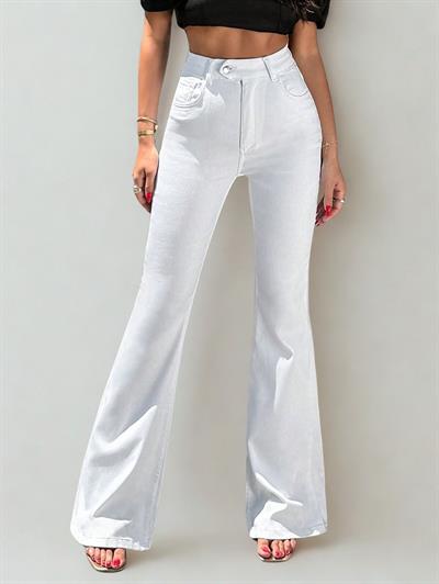 Kadın Yüksek Bel Likralı İspanyon Paça Jeans Kot Pantolon Beyaz