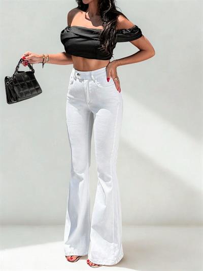 Kadın Yüksek Bel Likralı İspanyon Paça Jeans Kot Pantolon Beyaz
