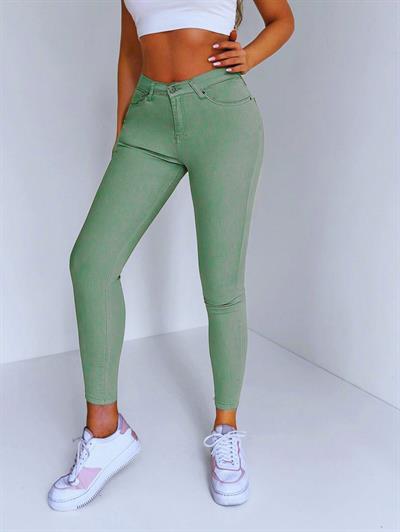 Kadın Yüksek Bel Likralı Skinny Fit Kot Pantolon Yeşil