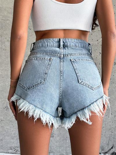 Kadın Yüksek Bel Püsküllü Denim Kot Şort Mavi