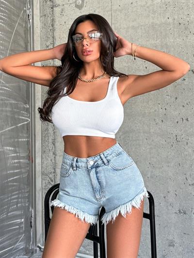 Kadın Yüksek Bel Püsküllü Denim Kot Şort Mavi
