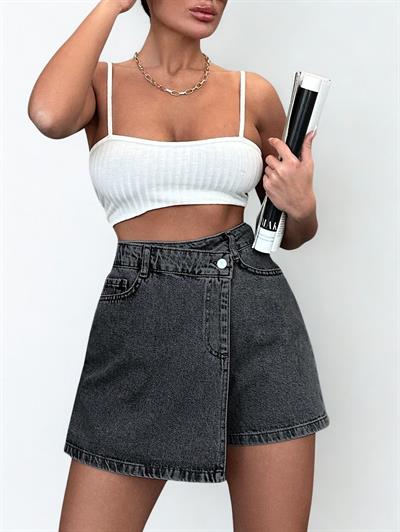 Kadın Yüksek Bel Şort Etek Denim Antrasit