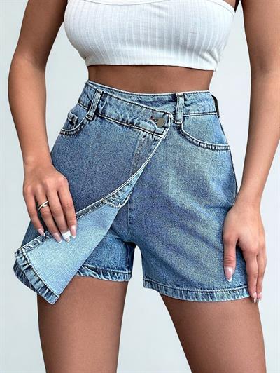 Kadın Yüksek Bel Şort Etek Denim Mavi