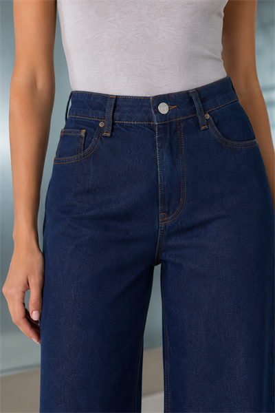 Kadın Yüksek Bel Wide Leg Koyu Mavi Jean Pantolon