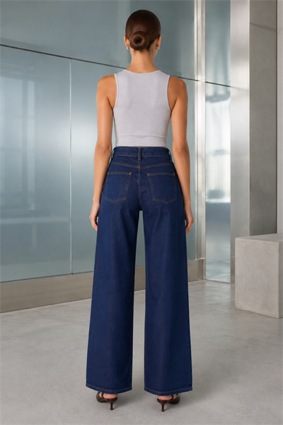 Kadın Yüksek Bel Wide Leg Koyu Mavi Jean Pantolon