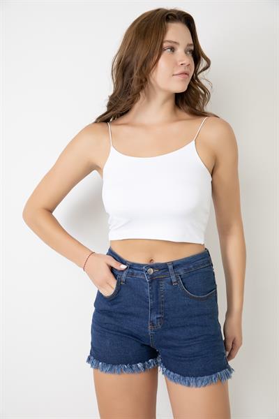 Kadın Yüksek Bel Yırtmaç Detaylı Denim Kot Şort Mavi