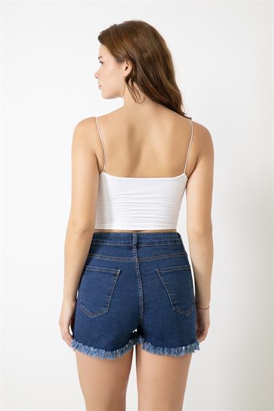 Kadın Yüksek Bel Yırtmaç Detaylı Denim Kot Şort Mavi