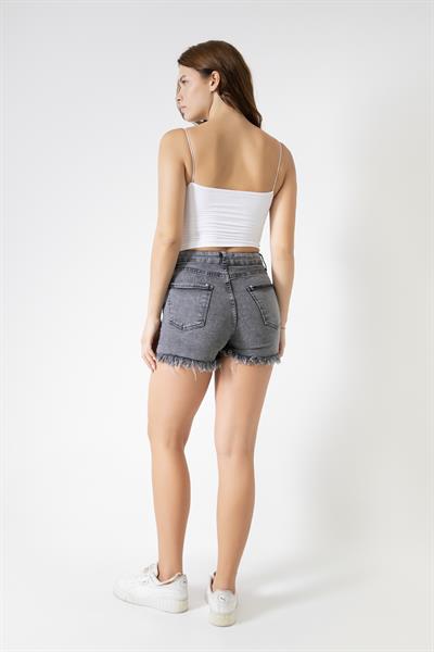 Kadın Yüksek Bel Yırtmaç Detaylı Denim Kot Şort Gri