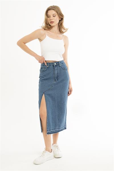 Kadın Yüksek Bel Yırtmaçlı Midi Boy Denim Etek Mavi