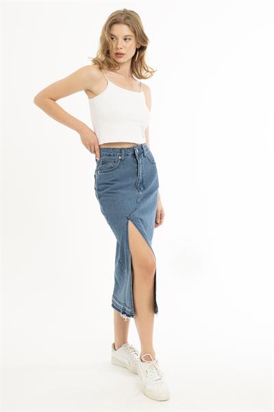 Kadın Yüksek Bel Yırtmaçlı Midi Boy Denim Etek Mavi
