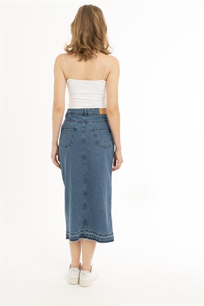 Kadın Yüksek Bel Yırtmaçlı Midi Boy Denim Etek Mavi