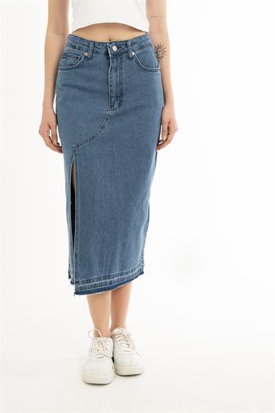 Kadın Yüksek Bel Yırtmaçlı Midi Boy Denim Etek Mavi