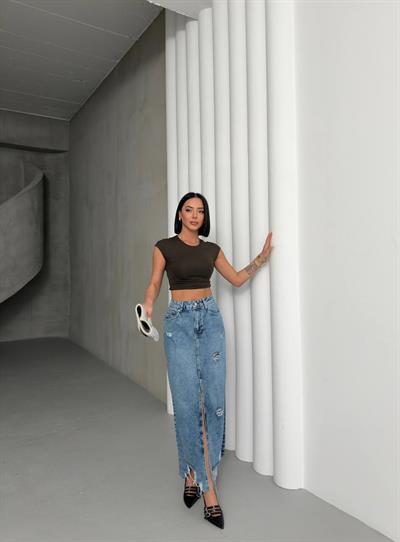 Kadın Yüksek Bel Yırtmaçlı Yırtık Detaylı Uzun Denim Etek
