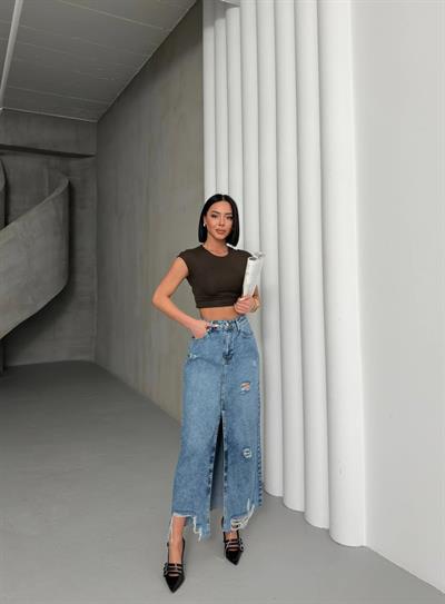 Kadın Yüksek Bel Yırtmaçlı Yırtık Detaylı Uzun Denim Etek