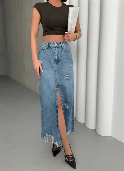 Kadın Yüksek Bel Yırtmaçlı Yırtık Detaylı Uzun Denim Etek