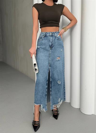 Kadın Yüksek Bel Yırtmaçlı Yırtık Detaylı Uzun Denim Etek
