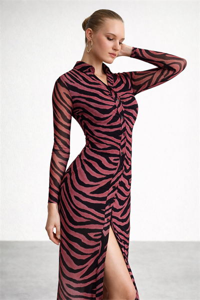 Kadın Zebra Desenli Transparan Gömlek Elbise – Yırtmaçlı, Uzun Kollu, Vücuda Oturan