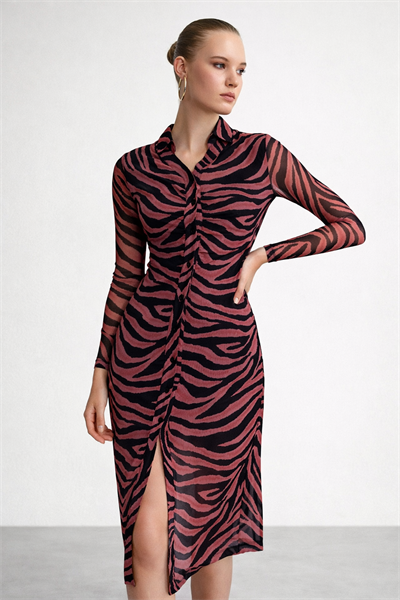 Kadın Zebra Desenli Transparan Gömlek Elbise – Yırtmaçlı, Uzun Kollu, Vücuda Oturan