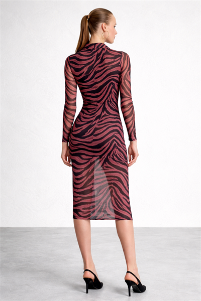 Kadın Zebra Desenli Transparan Gömlek Elbise – Yırtmaçlı, Uzun Kollu, Vücuda Oturan