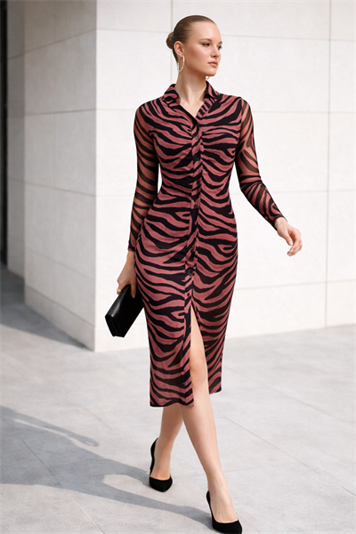 Kadın Zebra Desenli Transparan Gömlek Elbise – Yırtmaçlı, Uzun Kollu, Vücuda Oturan