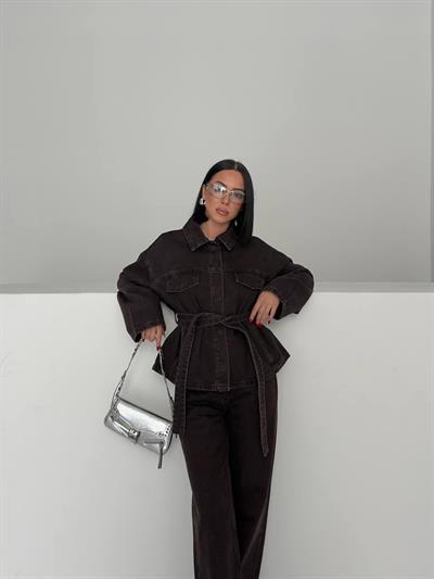 Kahve Bağlamalı Denim Takım Oversize Ceket ve Yüksek Bel Pantolon