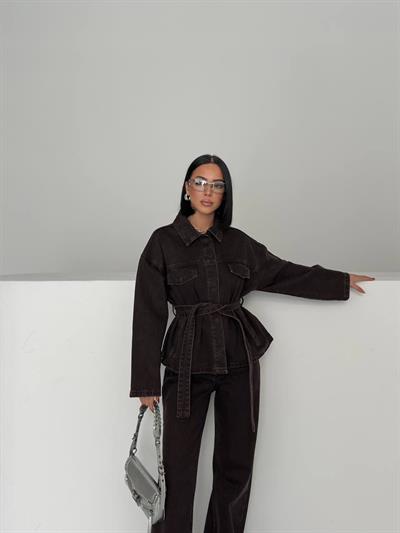 Kahve Bağlamalı Denim Takım Oversize Ceket ve Yüksek Bel Pantolon