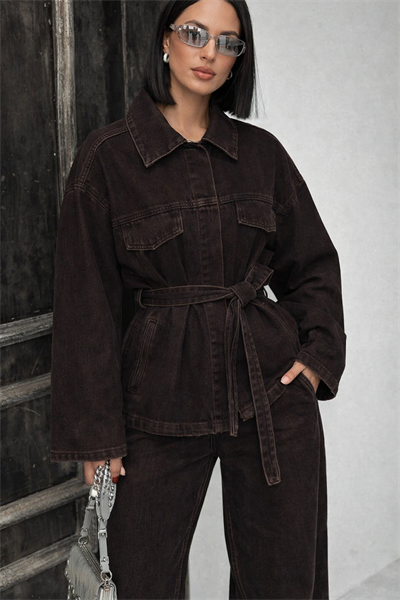 Kahve Bağlamalı Denim Takım Oversize Ceket ve Yüksek Bel Pantolon