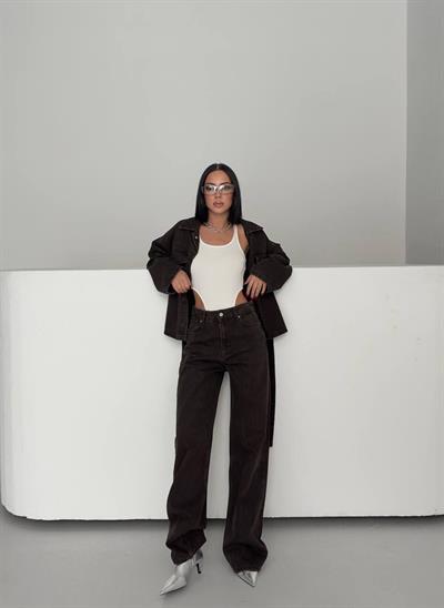 Kahve Bağlamalı Denim Takım Oversize Ceket ve Yüksek Bel Pantolon