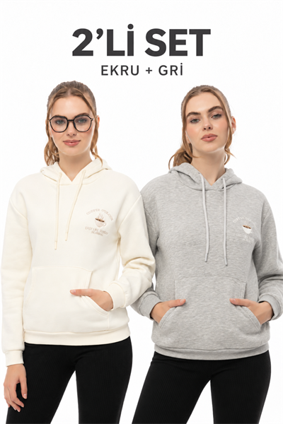 Kahve Molası 2’li Sweatshirt Seti – Ekru & Gri