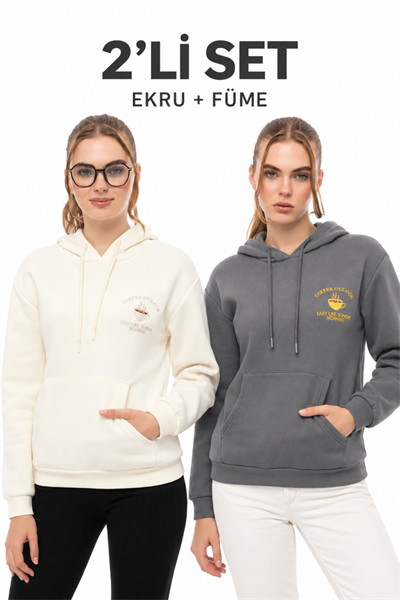Kahve Molası 2’li Sweatshirt Seti – Ekru & Füme