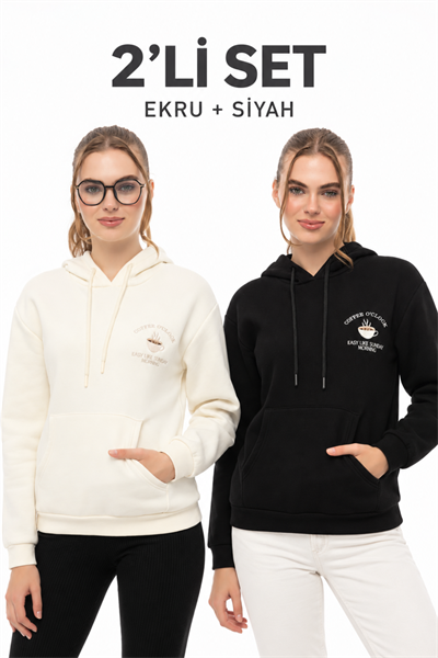 Kahve Molası 2’li Sweatshirt Seti – Ekru & Siyah
