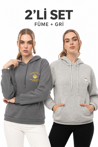 Kahve Molası 2’li Sweatshirt Seti – Gri & Füme