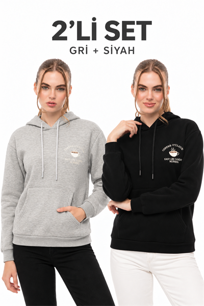 Kahve Molası 2’li Sweatshirt Seti – Gri & Siyah
