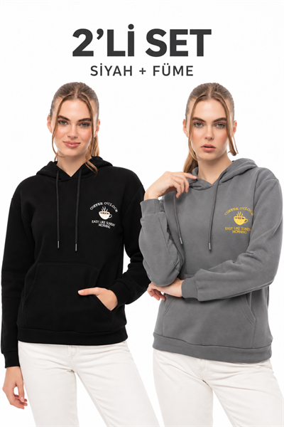 Kahve Molası 2’li Sweatshirt Seti – Siyah & Füme