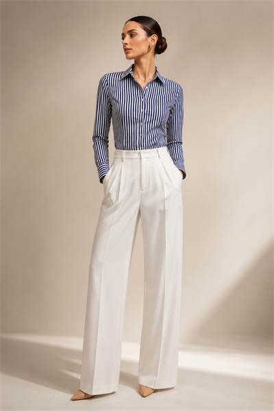 Lacivert Beyaz Çizgili Slim Fit Kadın Gömlek