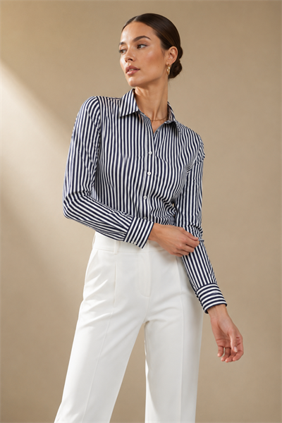 Lacivert Beyaz Çizgili Slim Fit Kadın Gömlek