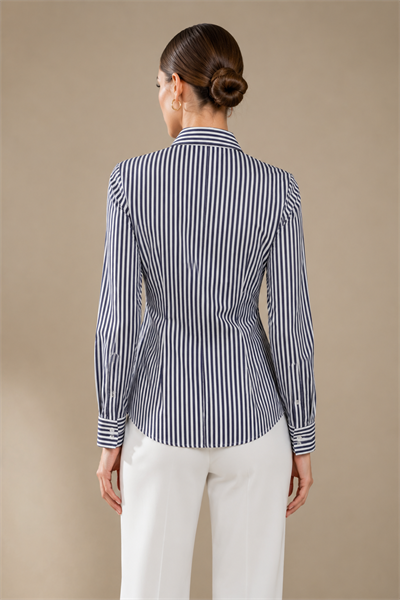 Lacivert Beyaz Çizgili Slim Fit Kadın Gömlek