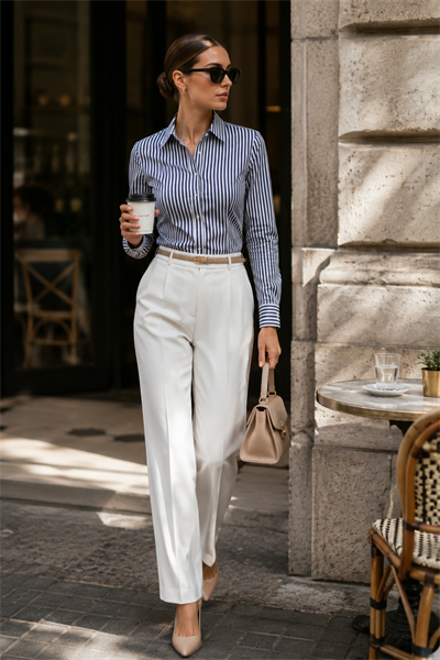 Lacivert Beyaz Çizgili Slim Fit Kadın Gömlek