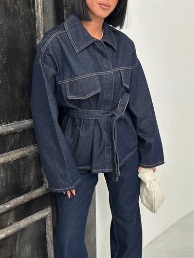 Lacivert Kuşaklı Denim Takım Oversize Ceket ve Yüksek Bel Pantolon