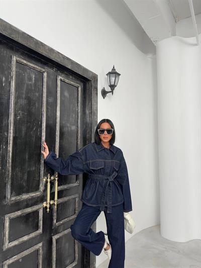 Lacivert Kuşaklı Denim Takım Oversize Ceket ve Yüksek Bel Pantolon