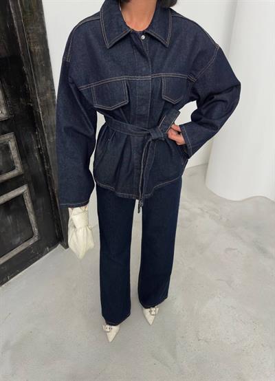 Lacivert Kuşaklı Denim Takım Oversize Ceket ve Yüksek Bel Pantolon