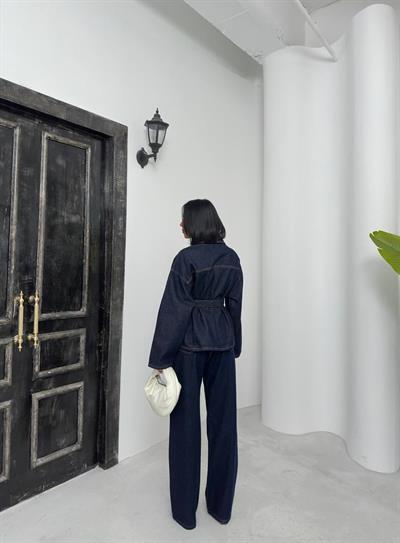 Lacivert Kuşaklı Denim Takım Oversize Ceket ve Yüksek Bel Pantolon