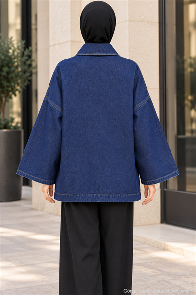 Oversize Cep Detaylı Tesettür Denim Ceket