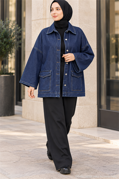 Oversize Cep Detaylı Tesettür Denim Ceket