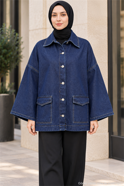 Oversize Cep Detaylı Tesettür Denim Ceket