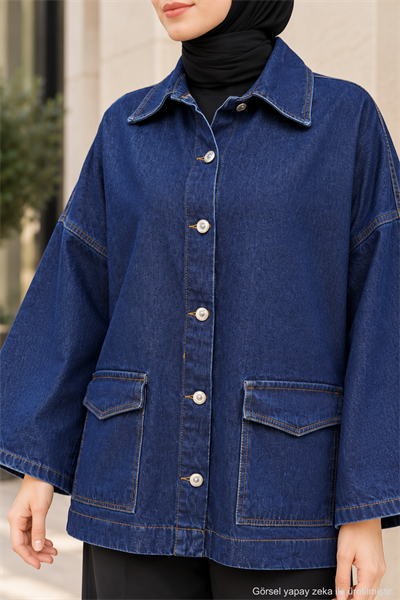 Oversize Cep Detaylı Tesettür Denim Ceket
